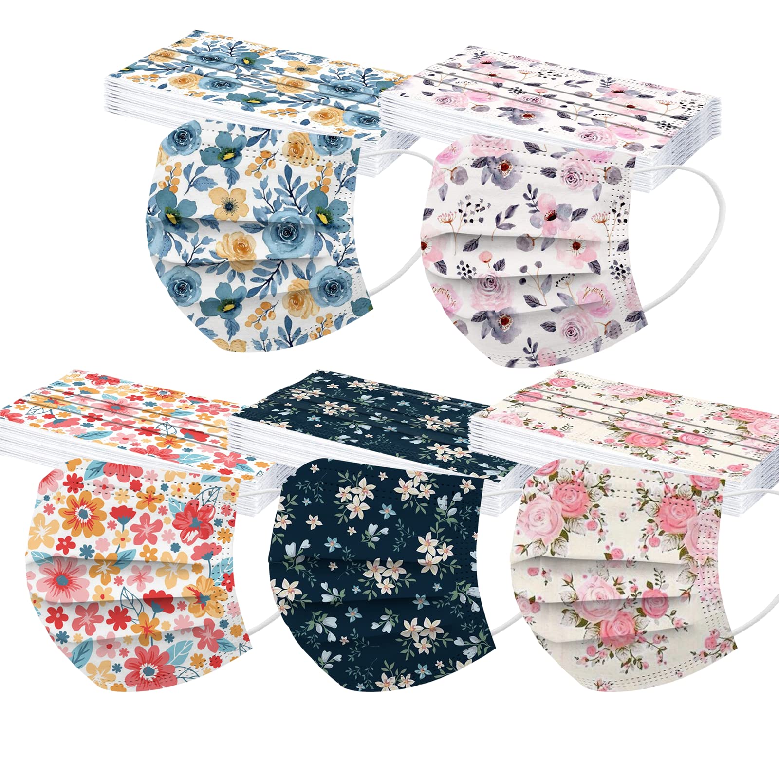BOFFO 50 Pack Spring flowers Face_Masks with 3 Layer Face Filter with Elastic Earloop, Breathable with Floral Print for Adult (50PCS Disposable, Floral #14)