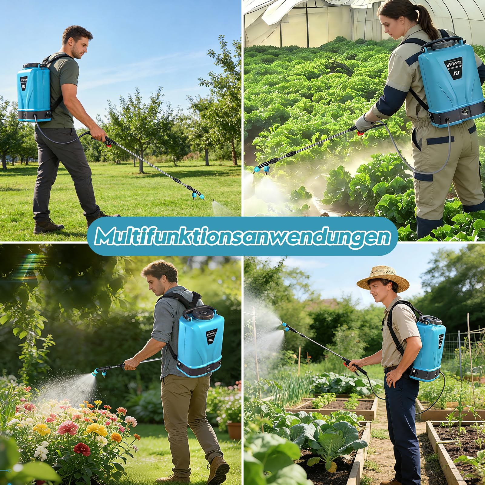 Viugreum Rückensprüher 12L, Drucksprüher Mit 5 verstellbaren Düsen, Ladegerät, Akku und Schultergurt, Filter, Sprühstange, Profi Drucksprüher für Gartenbau, Landwirtschaft und Unkrautbekämpfung