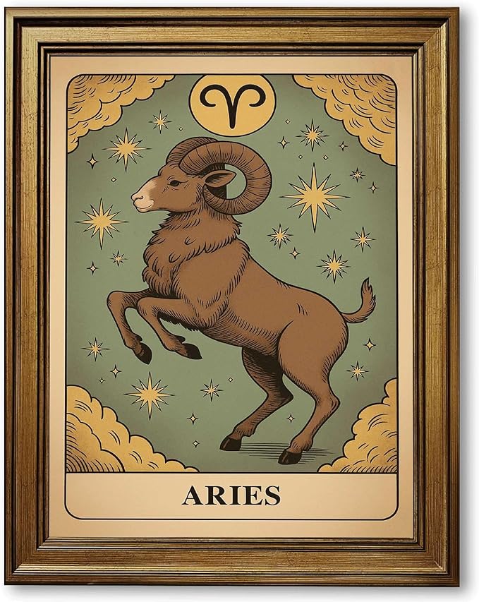 Framed Aries Zodiac Sign Canvas Print Art, Vintage Astrology Wall Art, Pictures, Painting, Wall Decor, Art Print, Trendy Decoration for Dorm Room, Living Room, and Home Decor (Gold Framed,12L X16W)