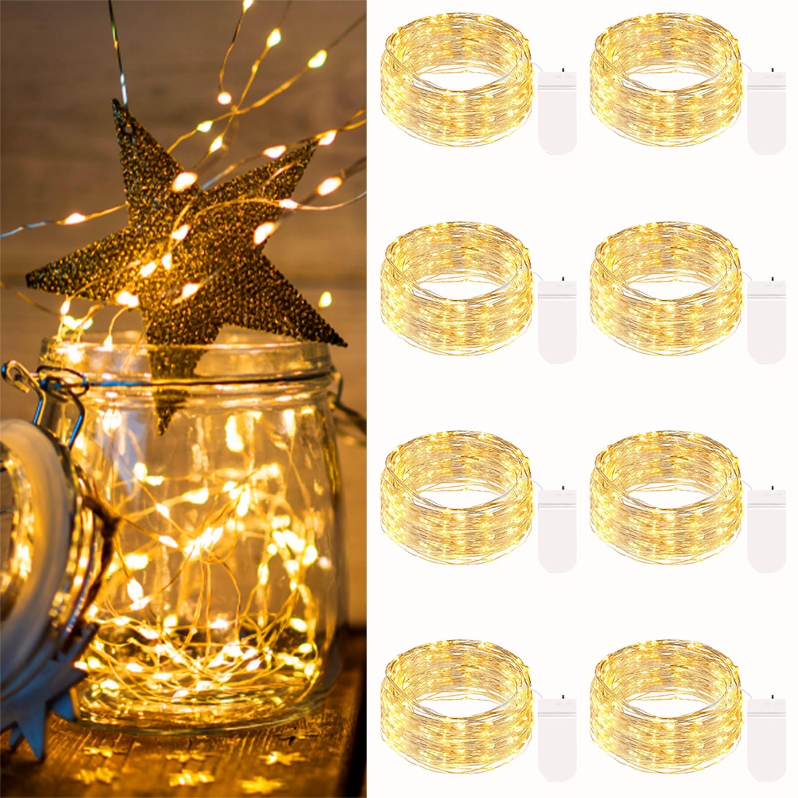 btfarm 8 Stück 20LED Mini Lichterkette mit Batterie Klein, 2M Silberdraht Kleine Lichterketten Batteriebetrieben, Micro Lichterkette Draht für Innen Weihnachten Hochzeit Party Deko, WarmWeiß