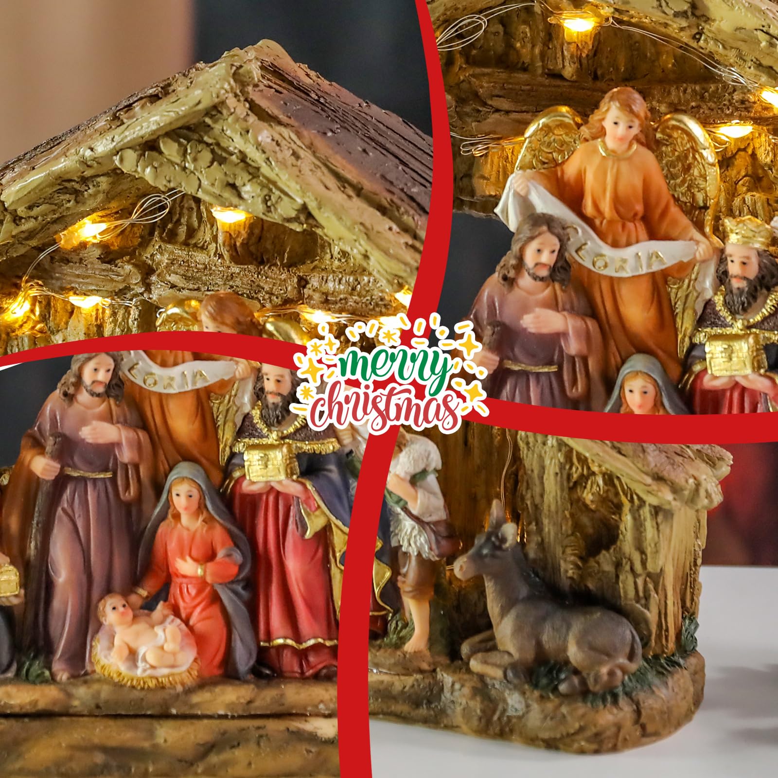 Bdor Crèche de Noël - Décoration de Noël - 29 x 8,9 x 17,8 cm - Affichage lumineux de la naissance de Jésus - Décoration de table de Noël - Scène électrique avec lumières LED