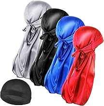 WLLHYF Durag 4 Pcs Silk Durag Long Tail Breathable Cap with 1 Wavy Cap for 360 Waves, Soft Turban for Hair Loss Chemo Cap Black Blue Silver Red, Black, Blue, Silver, Red, One size