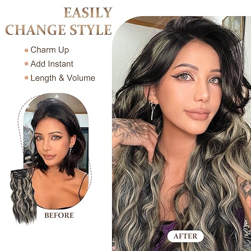 Miniatura 2 de Vigorous Extensiones de cabello sintético con pinzas, 4 unidades, extensiones de cabello sintético largo ondulado con mezcla de rubio negro para