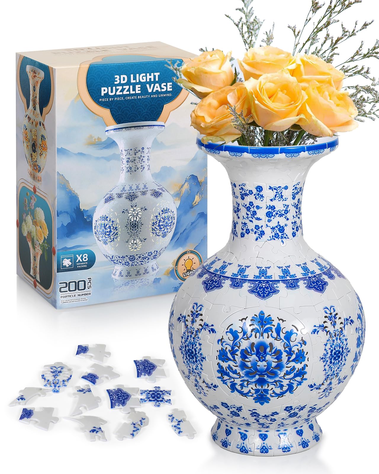 LED 3D Puzzle Vase, 200 Pieces 3D Puzzles for Adults with Flowers, Unique Arts and Crafts for Adults, Unique Housewarning Gifts for Women, Puzzle Vase