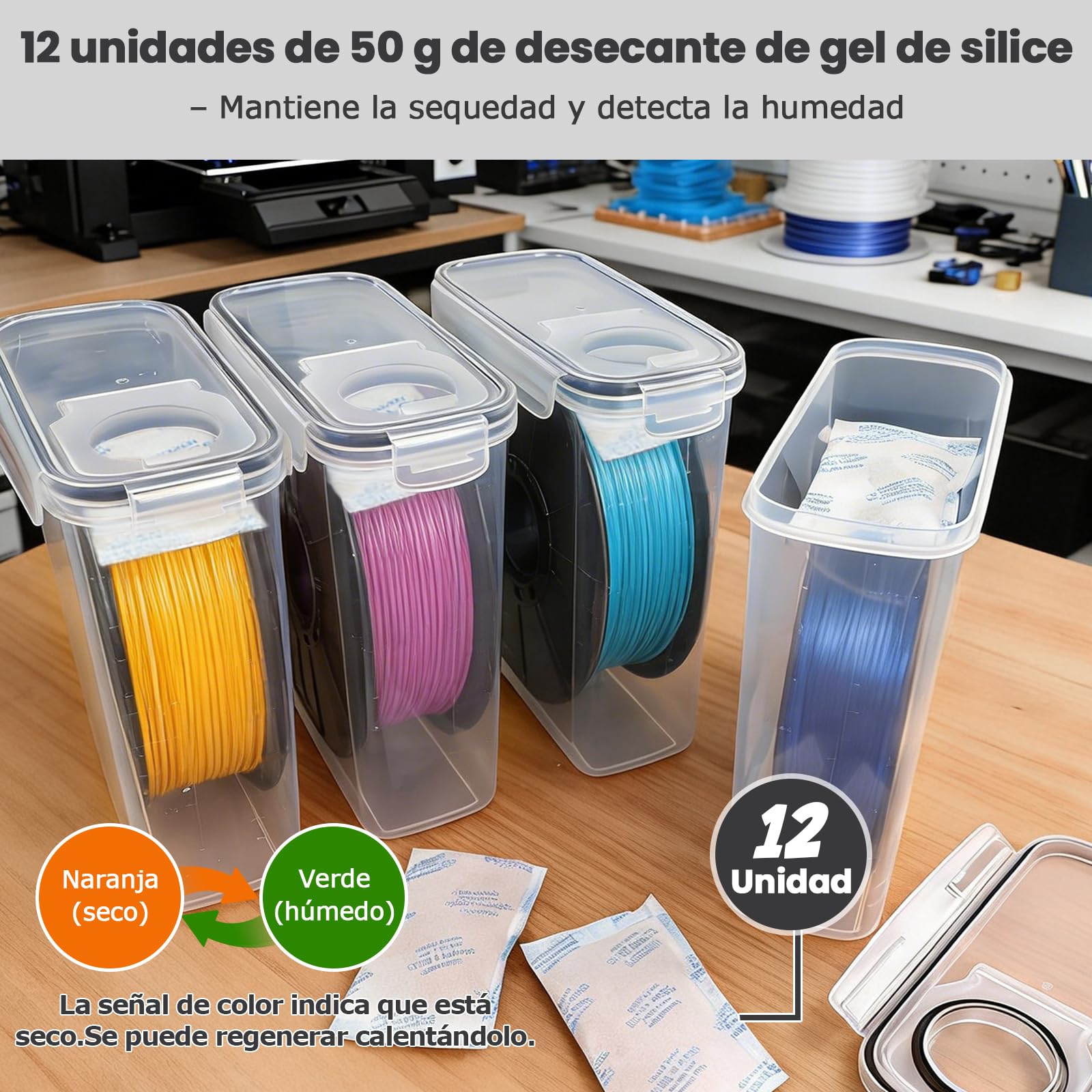 Caja de almacenamiento de filamentos, 6 unidades, caja de filamentos para impresión 3D, sellado y protección, resistente al agua y al polvo, con desecante y etiquetas, 4,0 L