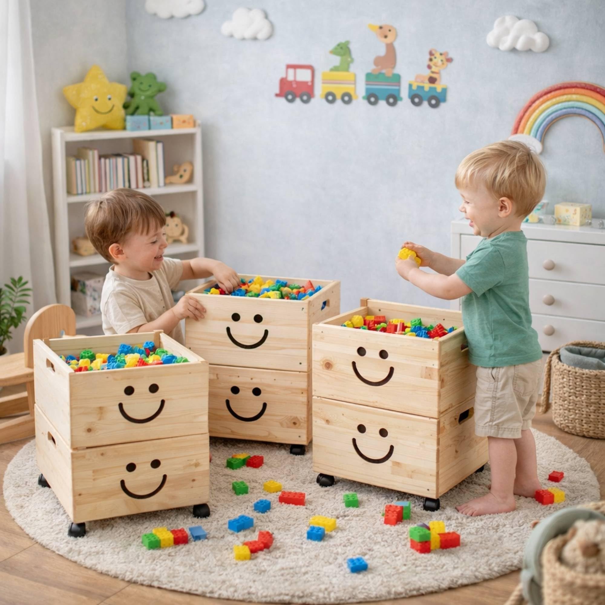 Pinus Spielzeugkiste 3er Set Lächeln mit Deckel 39x30x74cm stapelbar Rollen