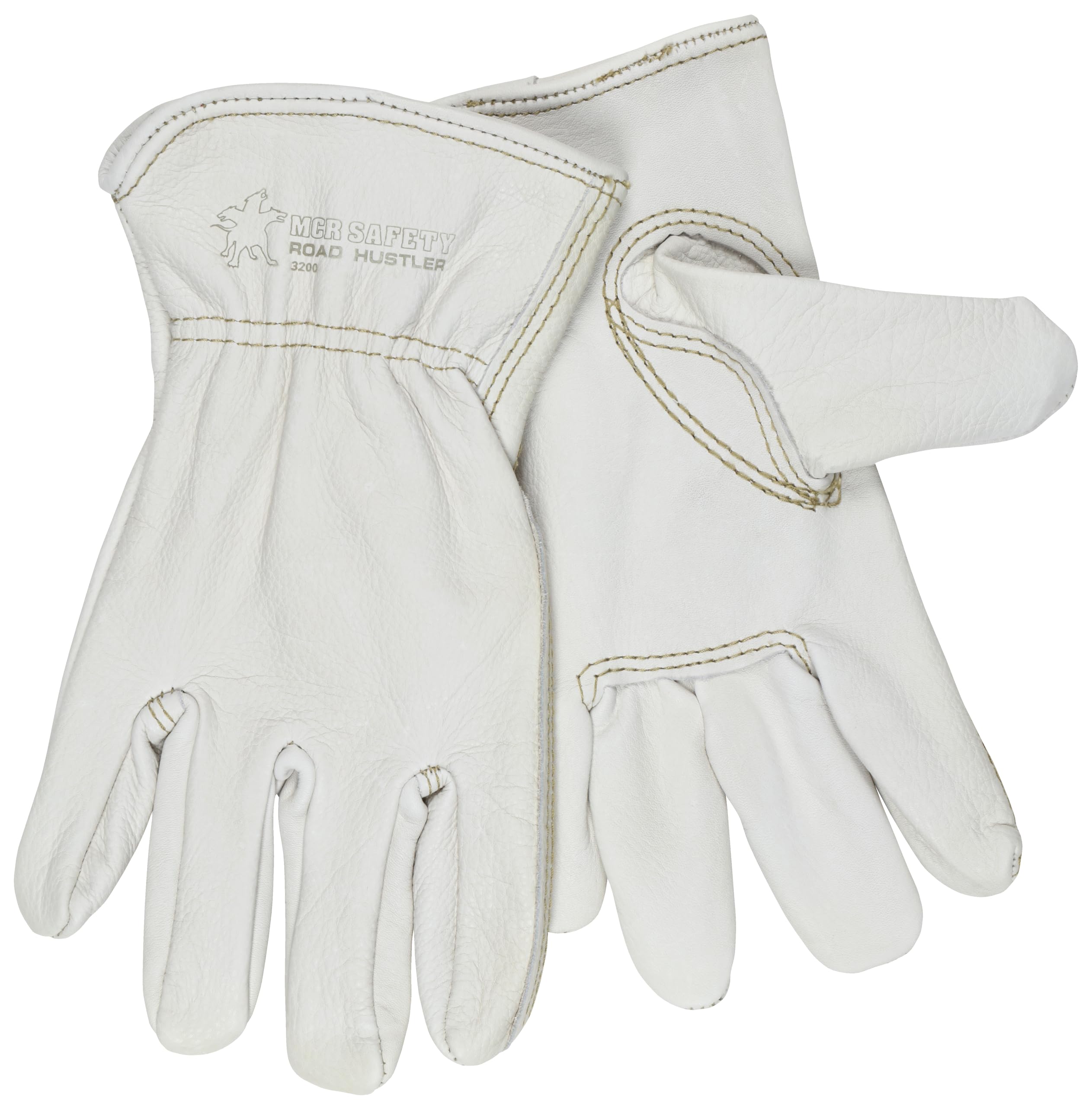 MCR Safety 3200M Grain Cow Full Leather Driver Premium Grade Gloves with Keystone Thumb and Self-Hemmed, Cream, Medium, 1-Pair