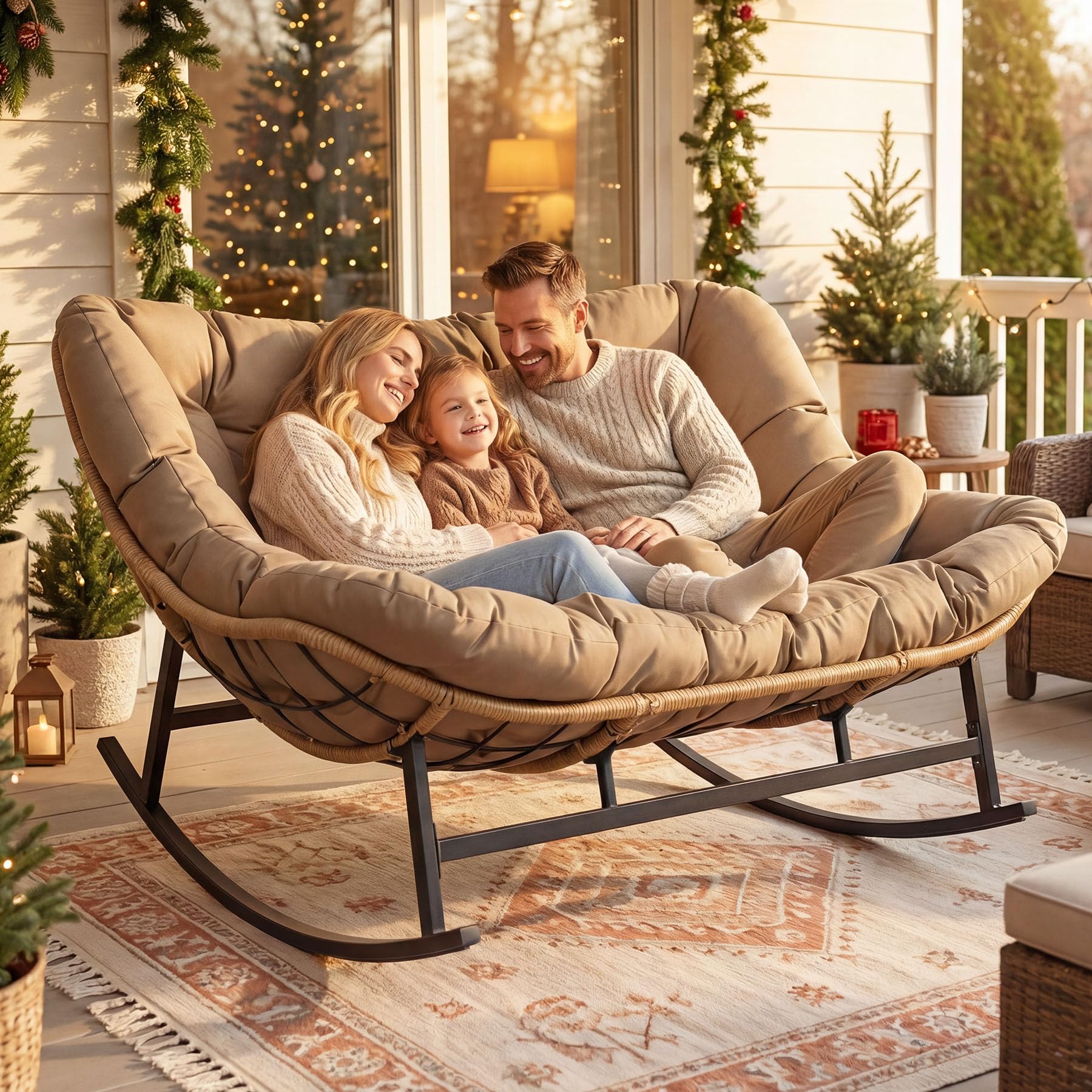 RADIATA Double Rocking Chair, Oversized Egg Rocking Chairs for 2 Person, Large Wide Papasan Loveseat with Cushion and Frame, Comfort Outdoor Furniture for Reading/Relaxing Patio Garden Backyard Brown