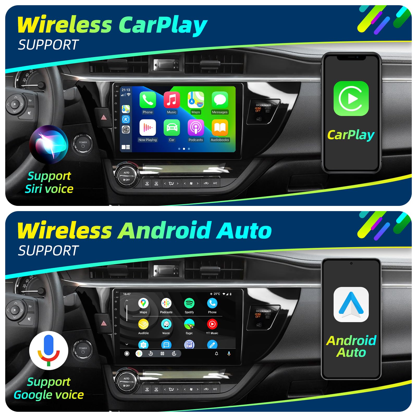 Crownyu for Toyota Corolla 2014-2016 Upgrade Android Radio Compatible with Wirelessly Carplay Android Auto Car Stereo Bluetooth Navigation Touch Screen GPS 8core 4GB RAM 64GB Head Unit Media Player
