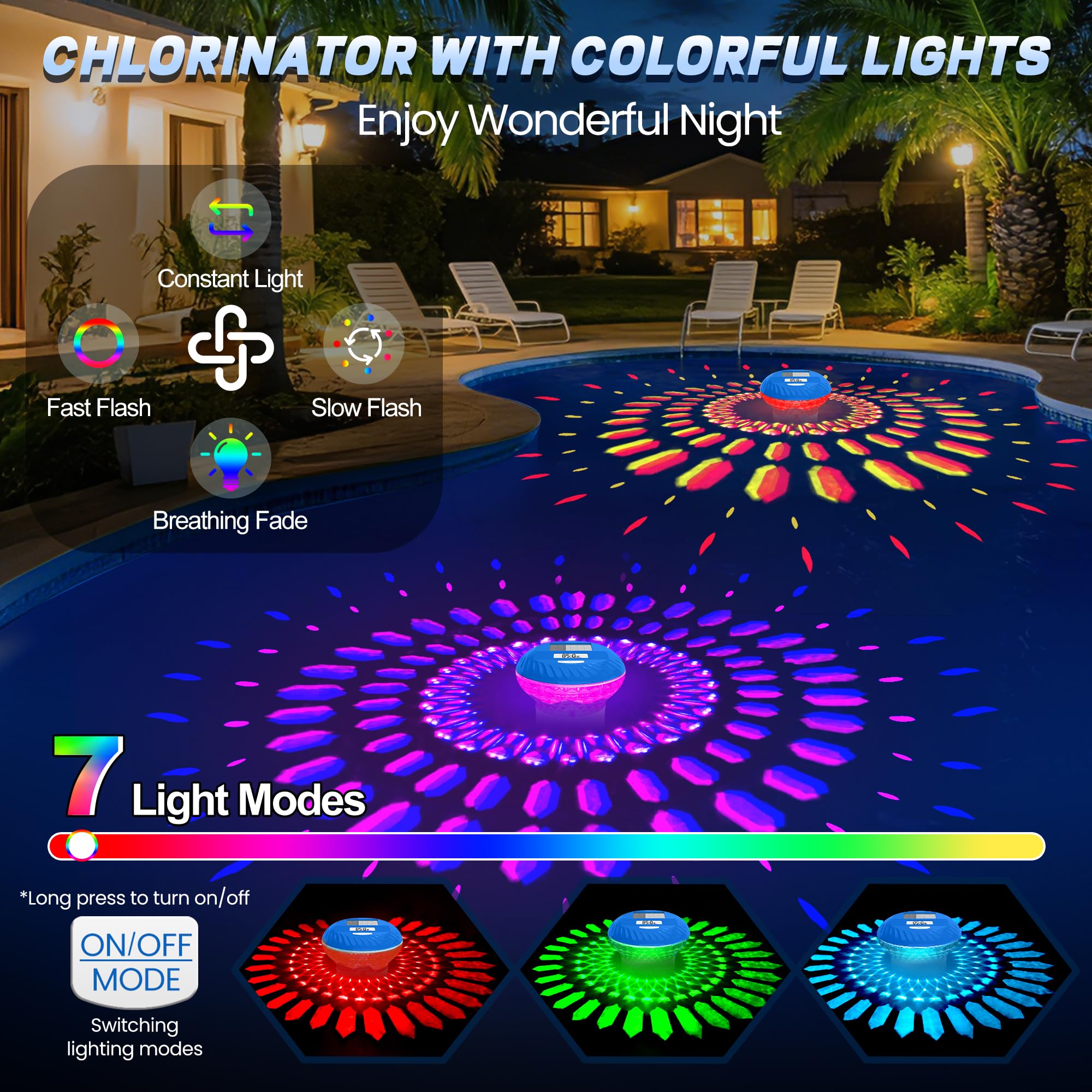 Flotteur de chlore de piscine amélioré avec thermomètre, flotteur de chlore de piscine à écran numérique, flotteur solaire de chlore avec lumière, bouton de contrôle du distributeur de chlore
