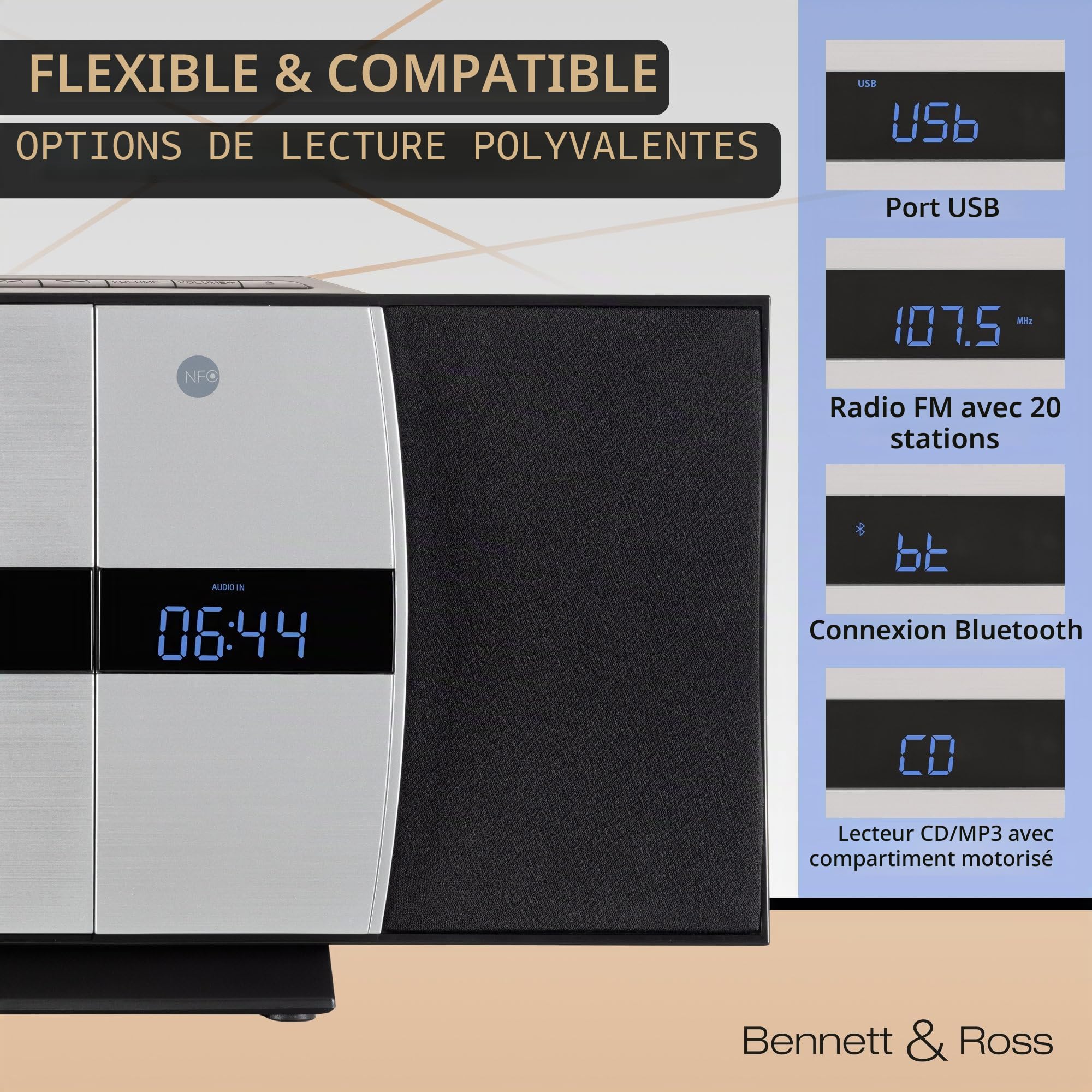 Bennett & Ross Ålesund Microchaîne hi-fi avec lecteur CD, MP3, UKW, USB, Bluetooth NFC - Installation murale ou sur pied - Argenté