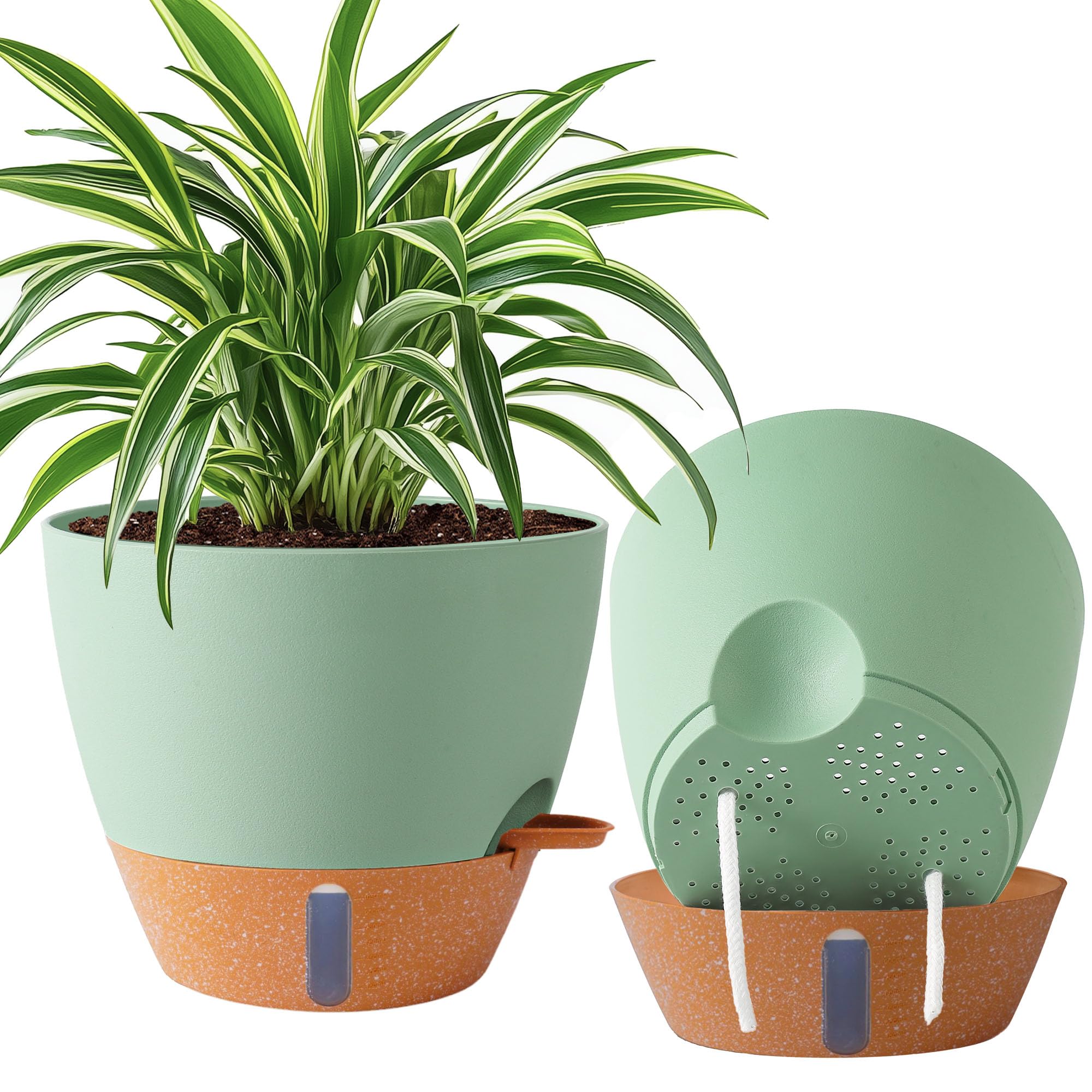 Fielda 2 Pack 10 inch Plant Pots, Plastic Self Watering Planters with Drainage Holes, Deep Reservoir, Water Level Indicator, Modern Decorative Flower