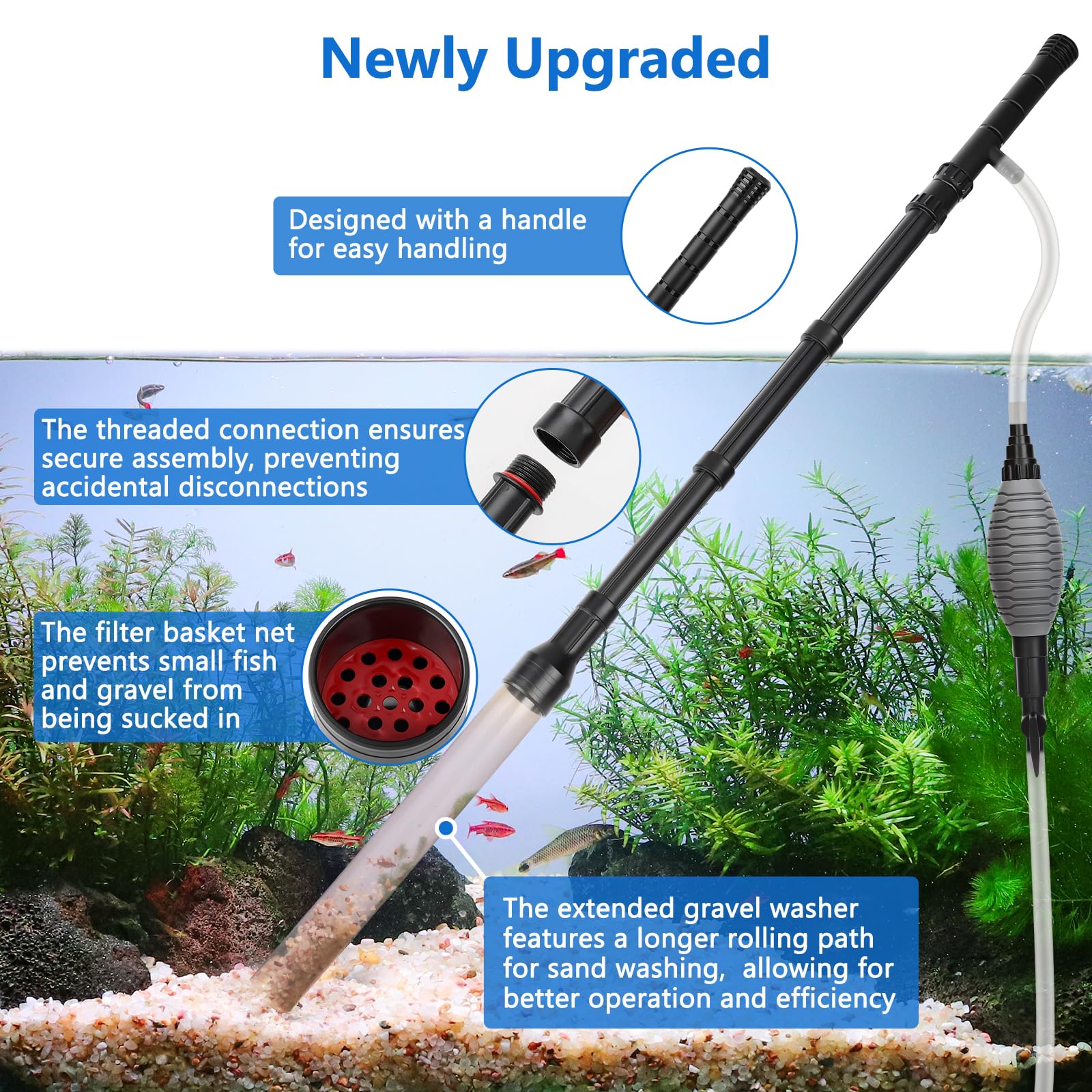 AQQA Aquarium-Siphon-Kiesreiniger, einstellbarer Durchfluss, Aquarium-Kiesreiniger, Staubsauger mit Griff, manueller Wasserwechsel und Sandwäsche (AQ193-L)