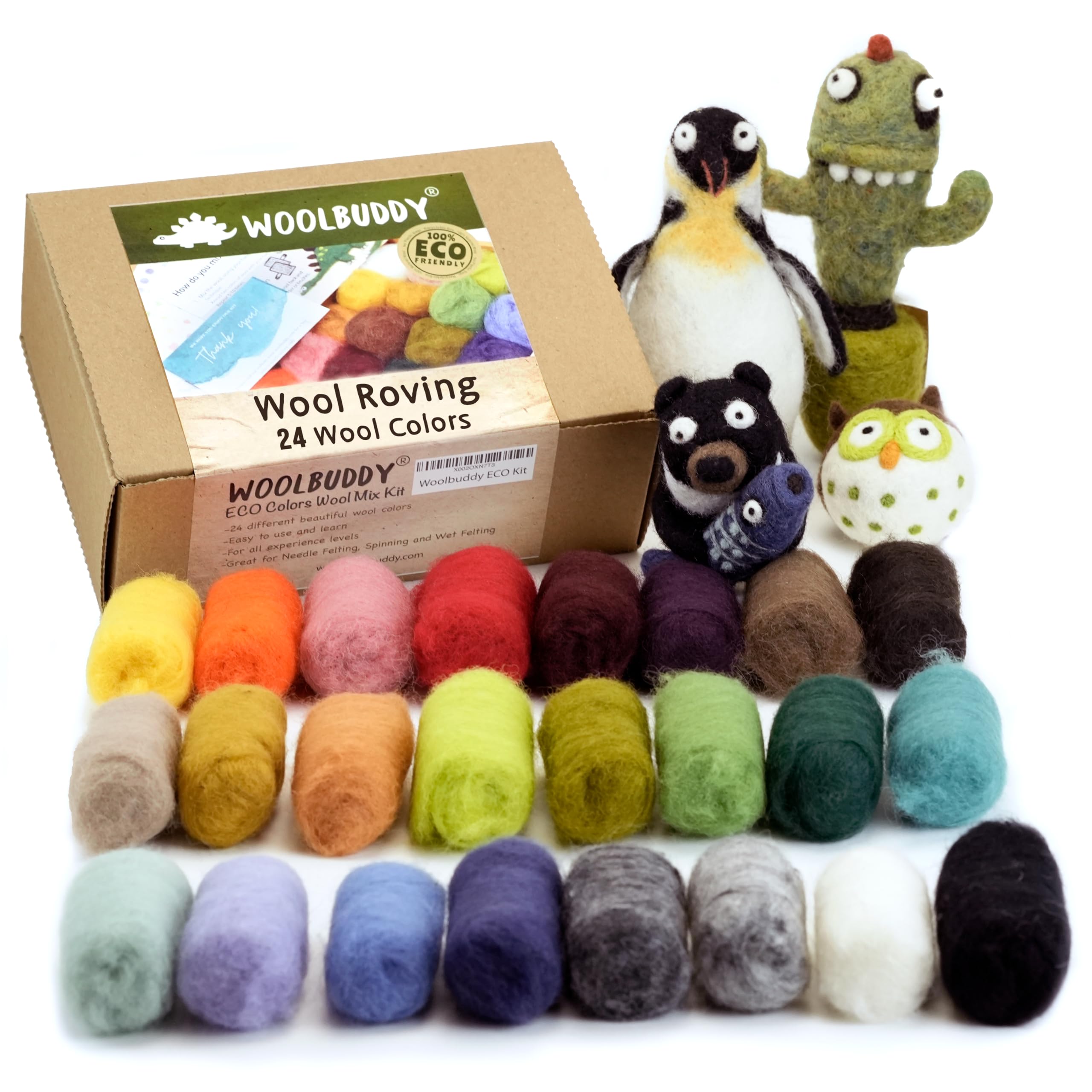 Woolbuddy Wool Roving Kit – 24 Assorted Corriedale Colors with Felting Guide – Clean, Carded Core Wool for Needle & Wet Felting – Craft Supplies for All Levels