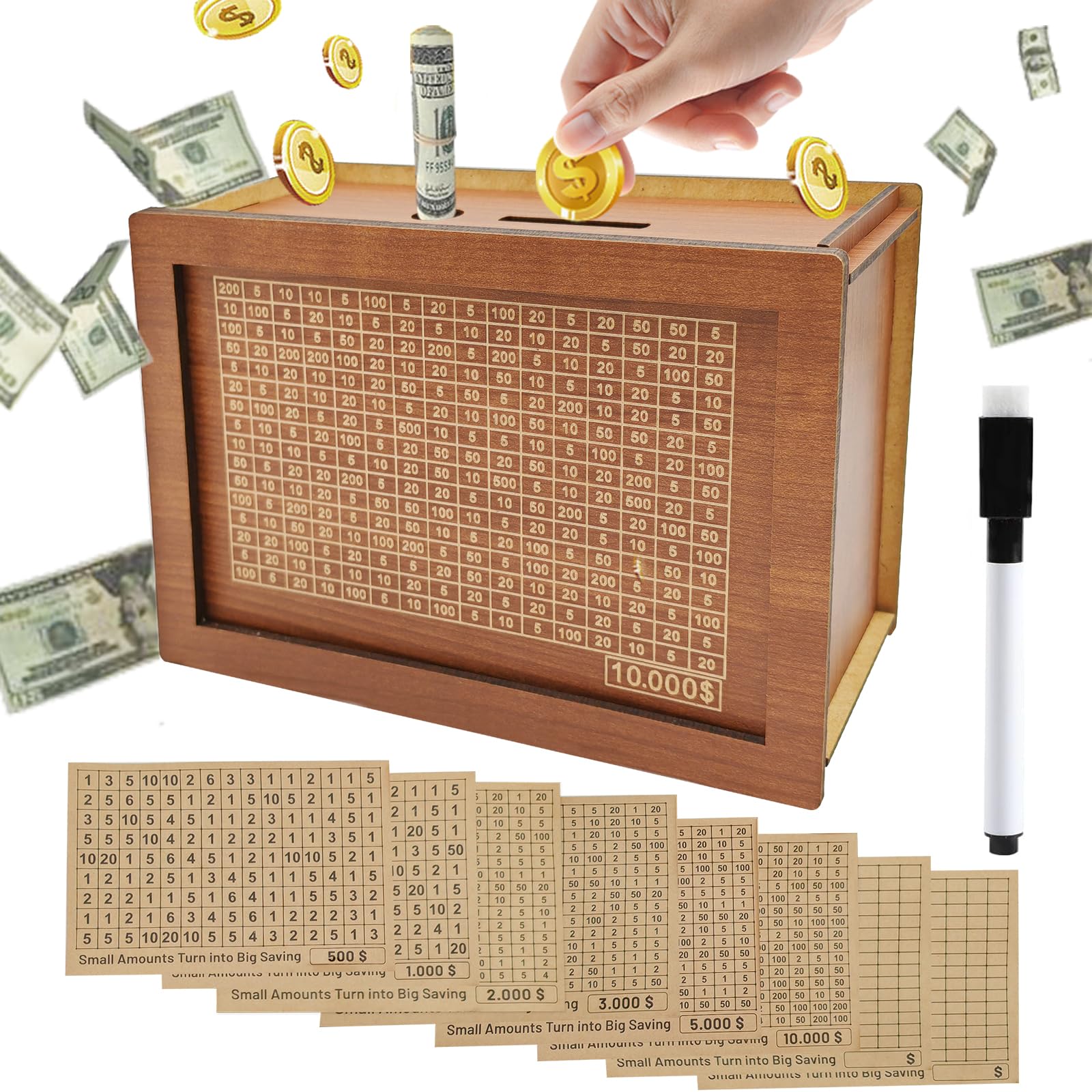 Cash Vault Wooden Savings Box,Reusable Wooden Cash Saver Money Box with Counter,Cash Saver Box,Wooden Money Coin Bank for Kids Adults, Brown