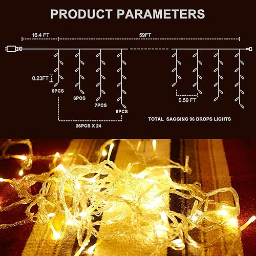 Miniatura 2 de Luces LED de Navidad para exteriores, 624 LED de 59 pies, 8 modos con 96 gotas, luces de carámbano blanco cálido, guirnalda de luces de hadas para