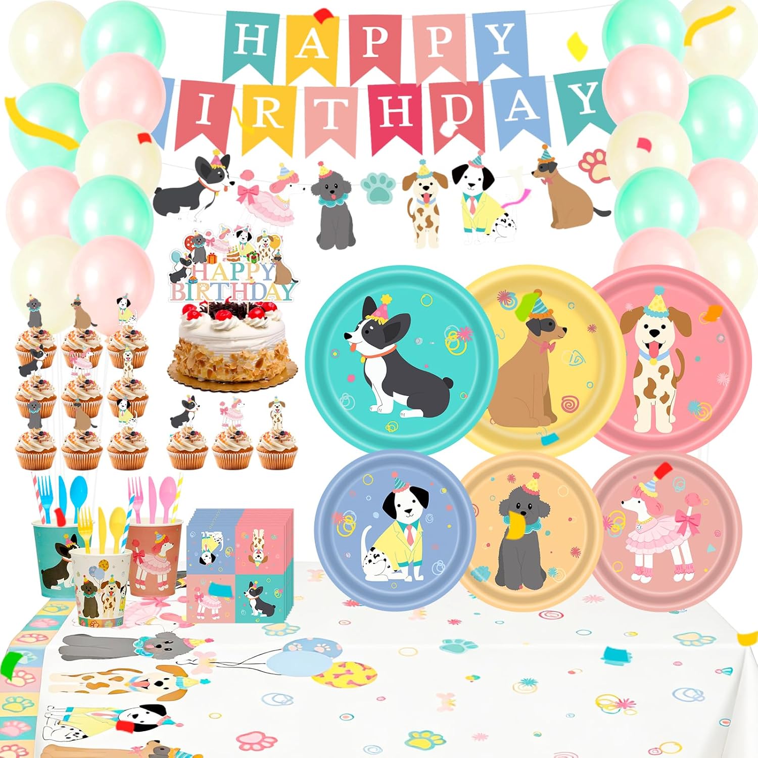 226pcs Pet Dog Birthday Party Supplies Retro Puppy Themed Paper Plates Napkins Vintage Puppy Face Party Tableware Disposable Pet Dinnerware Decoration Set for Kids Birthday Baby Shower Table Decor