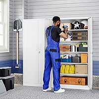 Vista 2 de Yizosh Armario de almacenamiento de metal para garaje con 2 puertas y 5 estantes ajustables, gabinete de archivo de acero con cerradura de 71