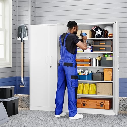 Miniatura 2 de Yizosh Armario de almacenamiento de metal para garaje con 2 puertas y 5 estantes ajustables, gabinete de archivo de acero con cerradura de 71