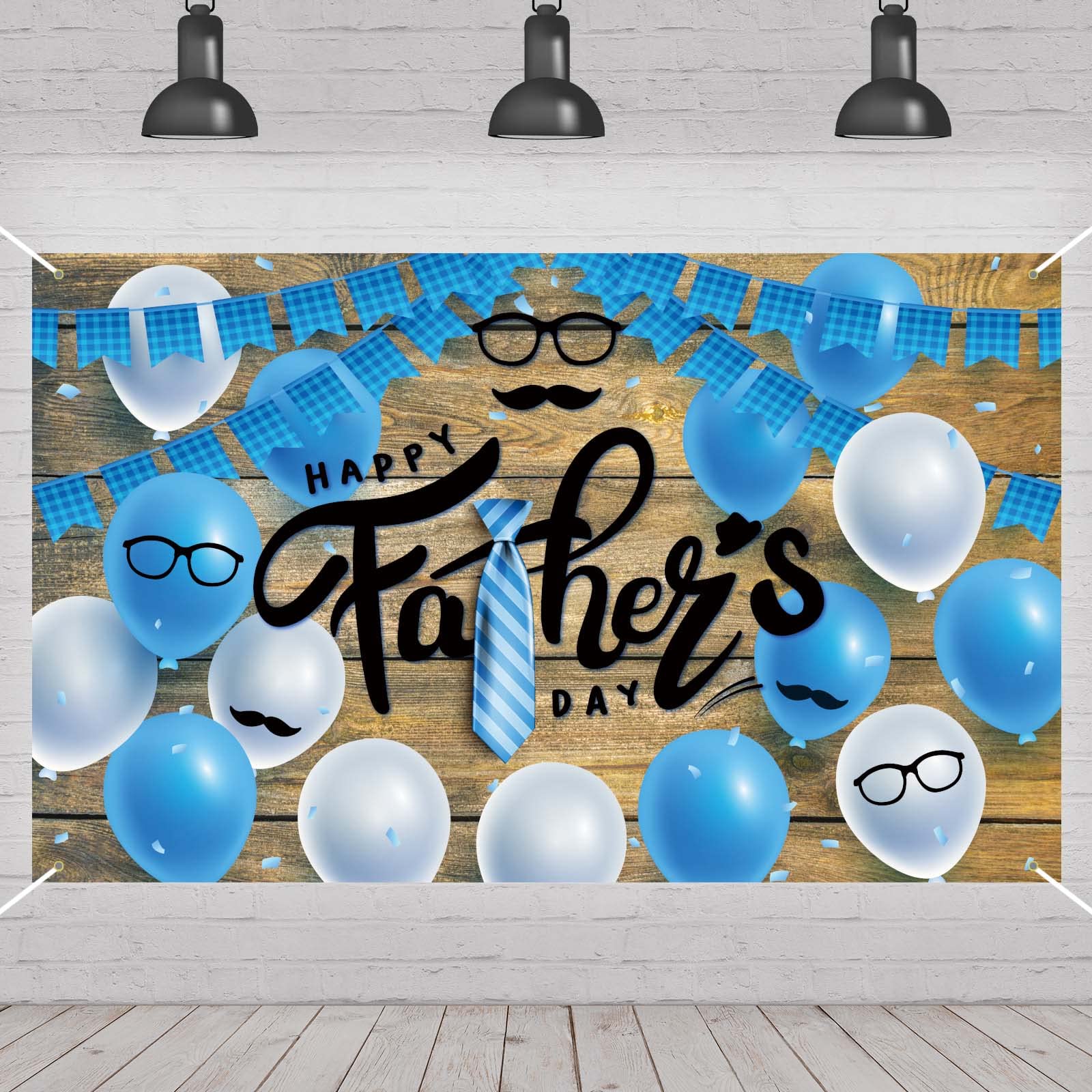 Happy Fathers Day Backdrop Father Day Photography Happy Father’s Day Party Decorations Favors and Supplies Tie Beard Blue Balloon Wood Panel Backdrop Father’s Day Indoor Outdoor Decorations