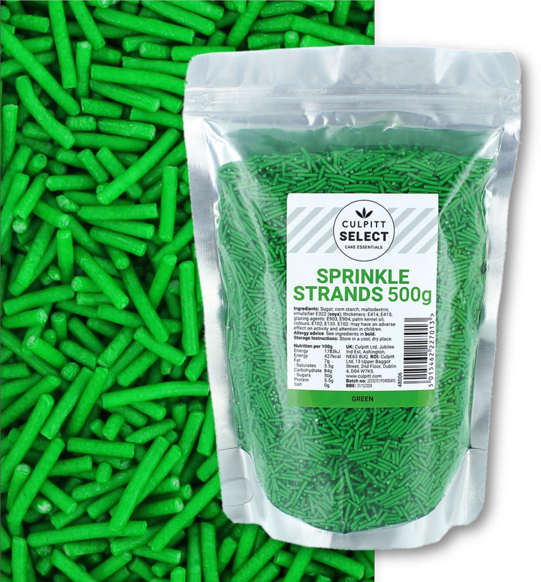Culpitt Green Select Sprinkles | Sugar Strands, Cake Sprinkle Decorations For Cakes, Cupcakes, Cookies, Ice Cream, And Desserts | 500G