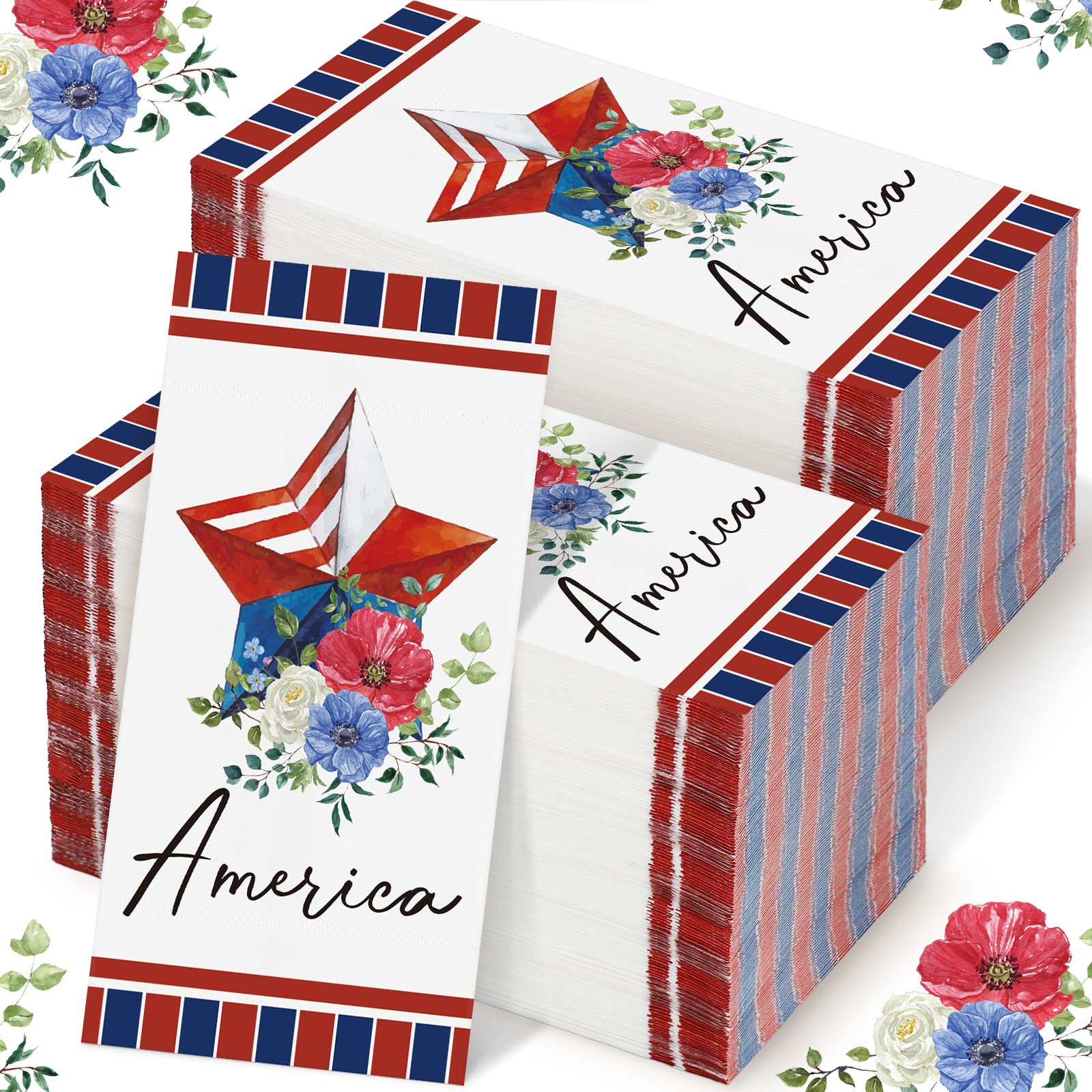 200 Pcs 4th of July Napkins Patriotic Guest Napkins Disposable Paper Napkins 2 Ply America Cocktail Napkins Hand Towel for Election Day Veterans Day Independence Day USA Party (Floral Star)