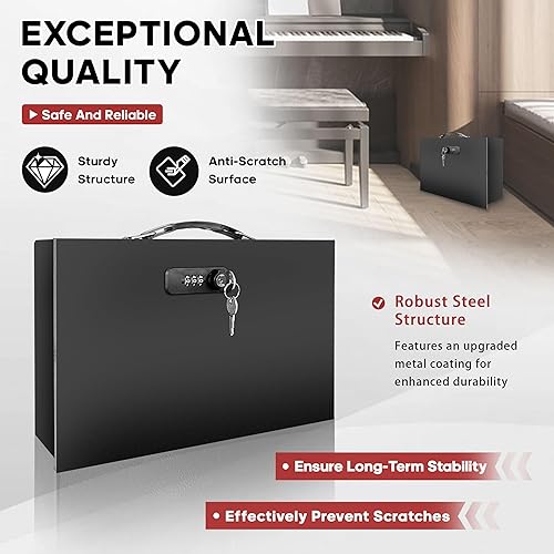 Miniatura 4 de YIYITOOLS Caja de seguridad ignífuga con llave y cerradura de combinación, caja de documentos segura contra incendios, portátil, resistente al
