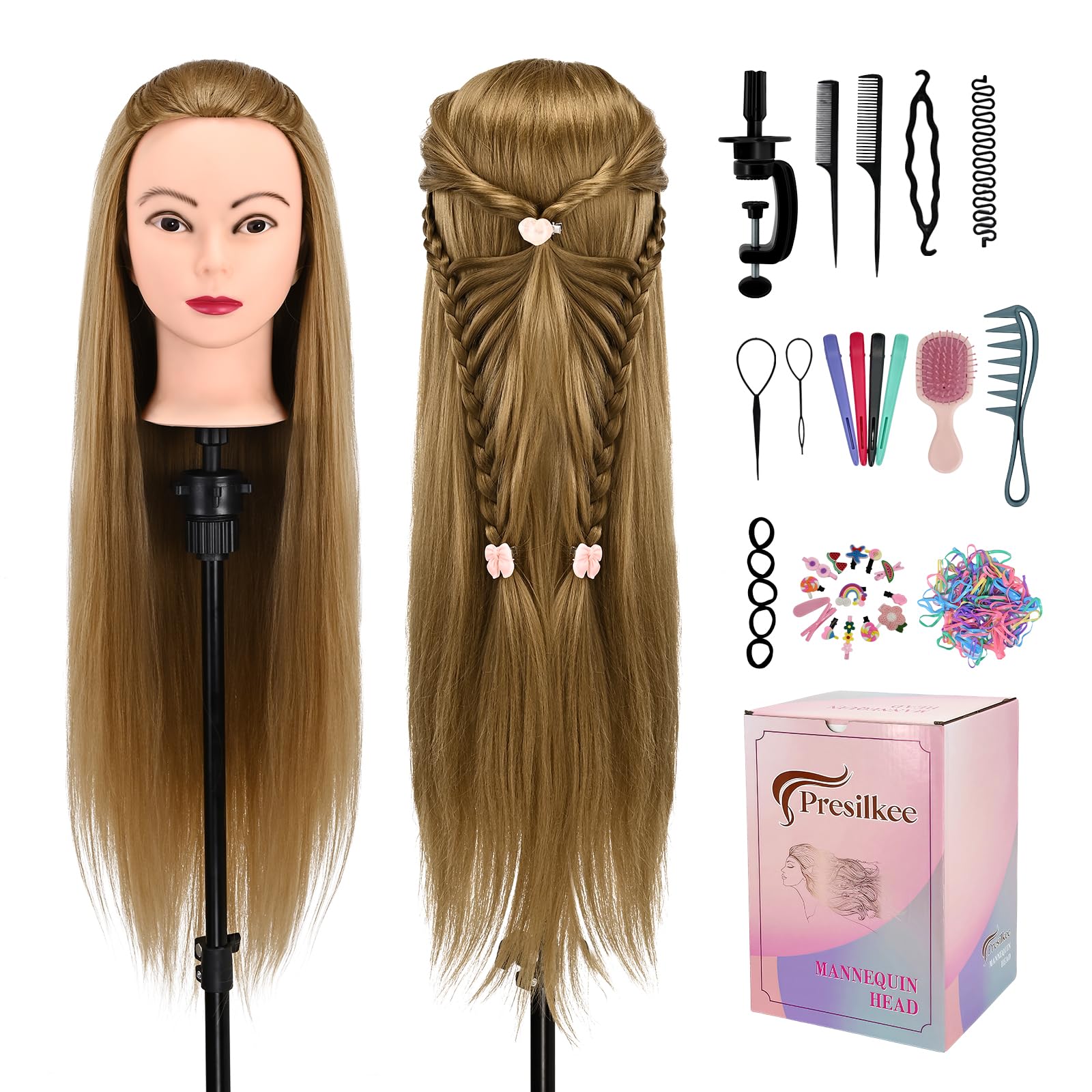 28" Frisierkopf Mit Synthetikfaser-Haar Trainingsköpfe Für Friseure Für Flecht Schneide Styling Übungen Inklusive Kostenlosem Frisierständer & Frisierwerkzeug Set (goldgelb)