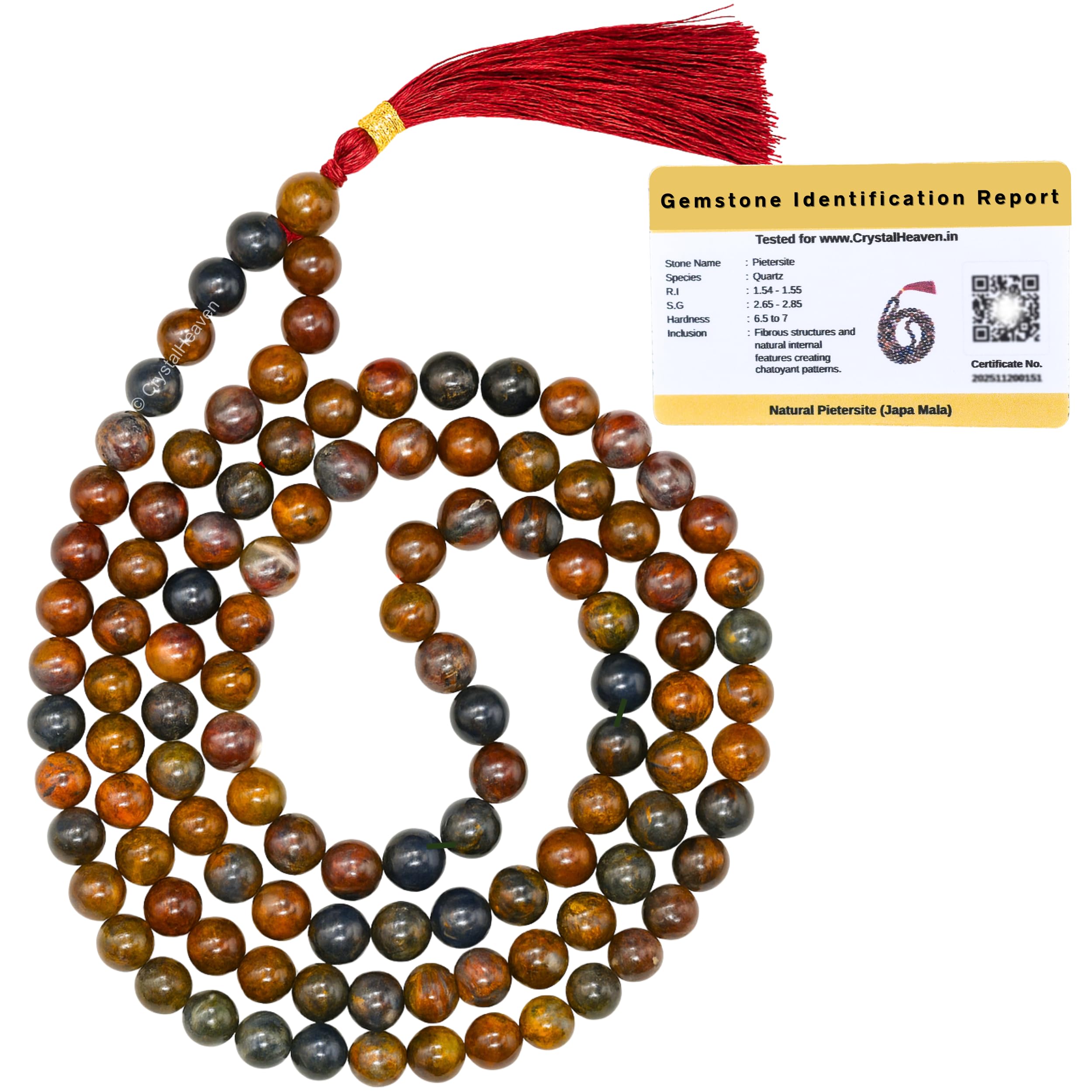 Pietersite Crystal Japa Mala Saadi - 108 Beads Buddhist Prayer Beads - AAA Grade Original Healing Gemstone Agate Mala for Yoga Meditation Spiritual Reiki Feng Shui