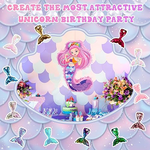 Miniatura 4 de 90 piezas de recuerdos de fiesta de sirena, incluye paquete de piñata de 16 x 12 x 3 pulgadas, pulseras de horquilla de sirena para niños, niñas,