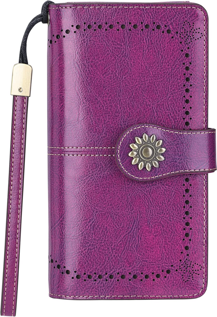 Lavemi Womens Large Capacity Genuine Leather RFID Blocking Wallets Wristlet Clutch Card Holder