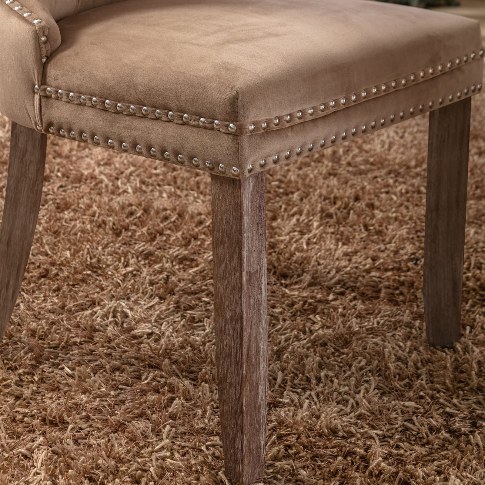 Lot de 4 Chaises de Salle à Manger, Chaise Salle a Manger Haut Dos en Velours, Chaise à Manger Rembourrée Douce avec Jambes en Bois, Décoration Rivets, Supporter Un Poids de 130kg, Khaki
