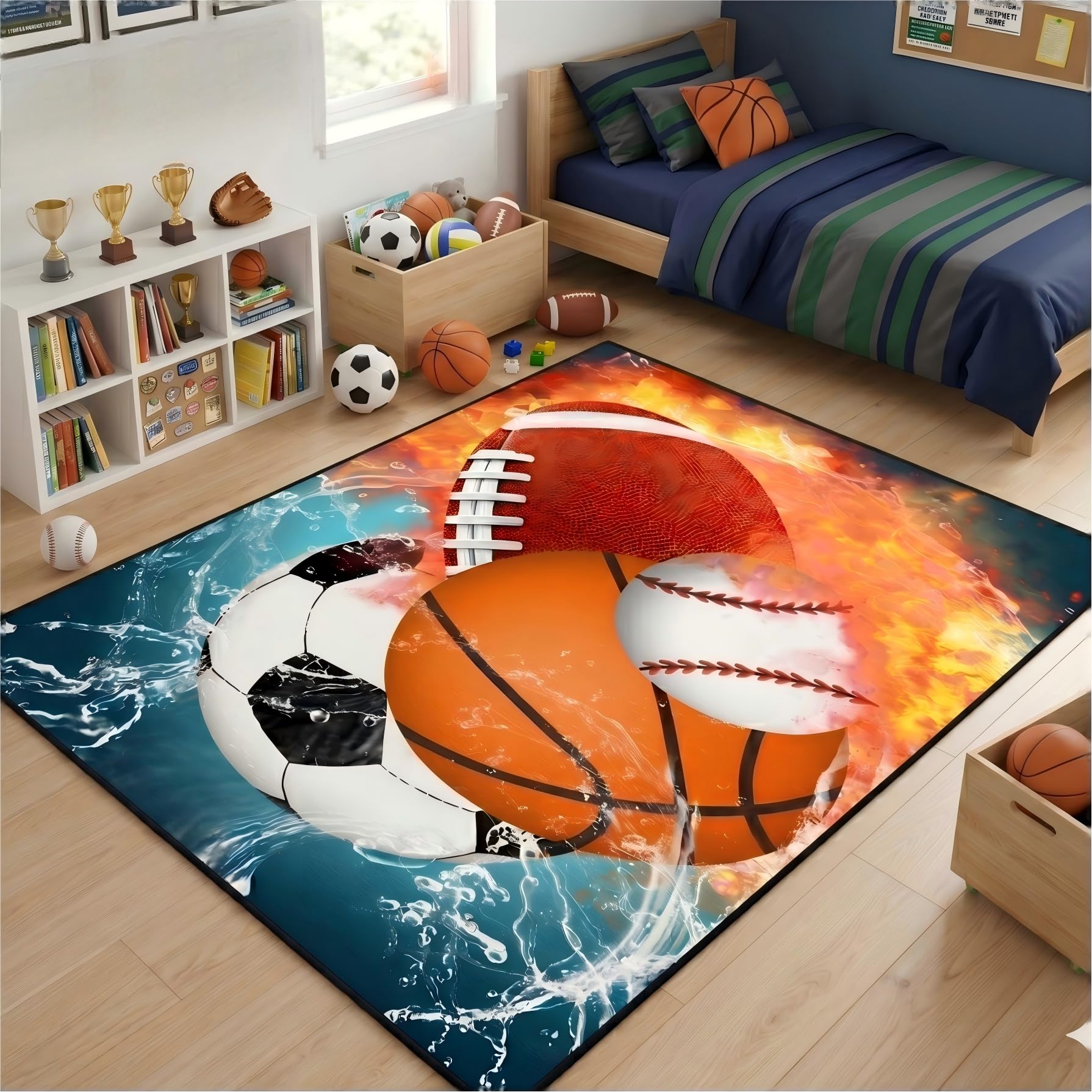 Basketball Rug for Boys Bedroom Kids Football Carpet Water Fire Sports Rugs for Boys Bedroom Baseball, Soccer Rug for Playroom Living Room Decor Sofa Mat, 4x5 Feet
