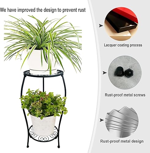 Miniatura 4 de Paquete de 2 soportes de metal de 25.2 pulgadas para macetas redondas, soporte para macetas de 2 niveles para interiores y exteriores, resistente a