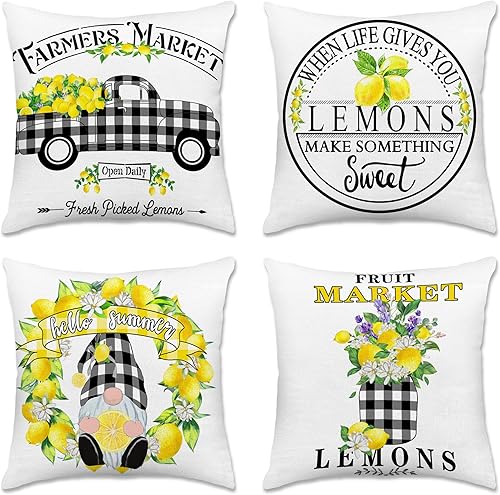 Hexagram Lemon Farmhouse - Juego de 4 fundas de almohada de verano de 18 x 18 pulgadas, fundas de almohada de verano a cuadros, almohadas dulces de