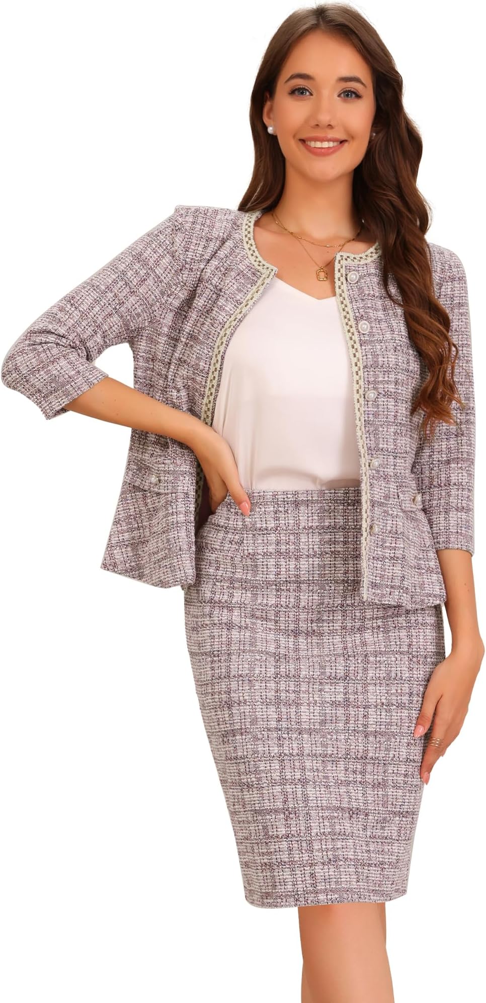 Women's 2 Piece Skirt Sets 3/4 Sleeve Collarless Tweed Jacket Pencil Skirt Set Elegant Business Casual Outfit