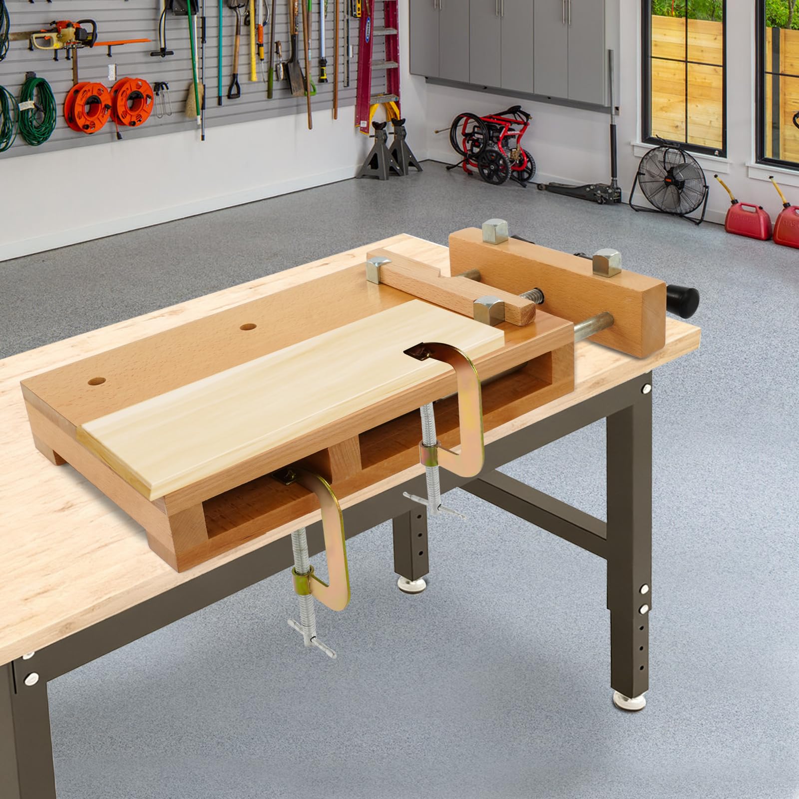 Panca da tavolo con morsa in legno di faggio, regolabile per legno fino a 100 kg, con staffe a G e spine, leggera e salvaspazio