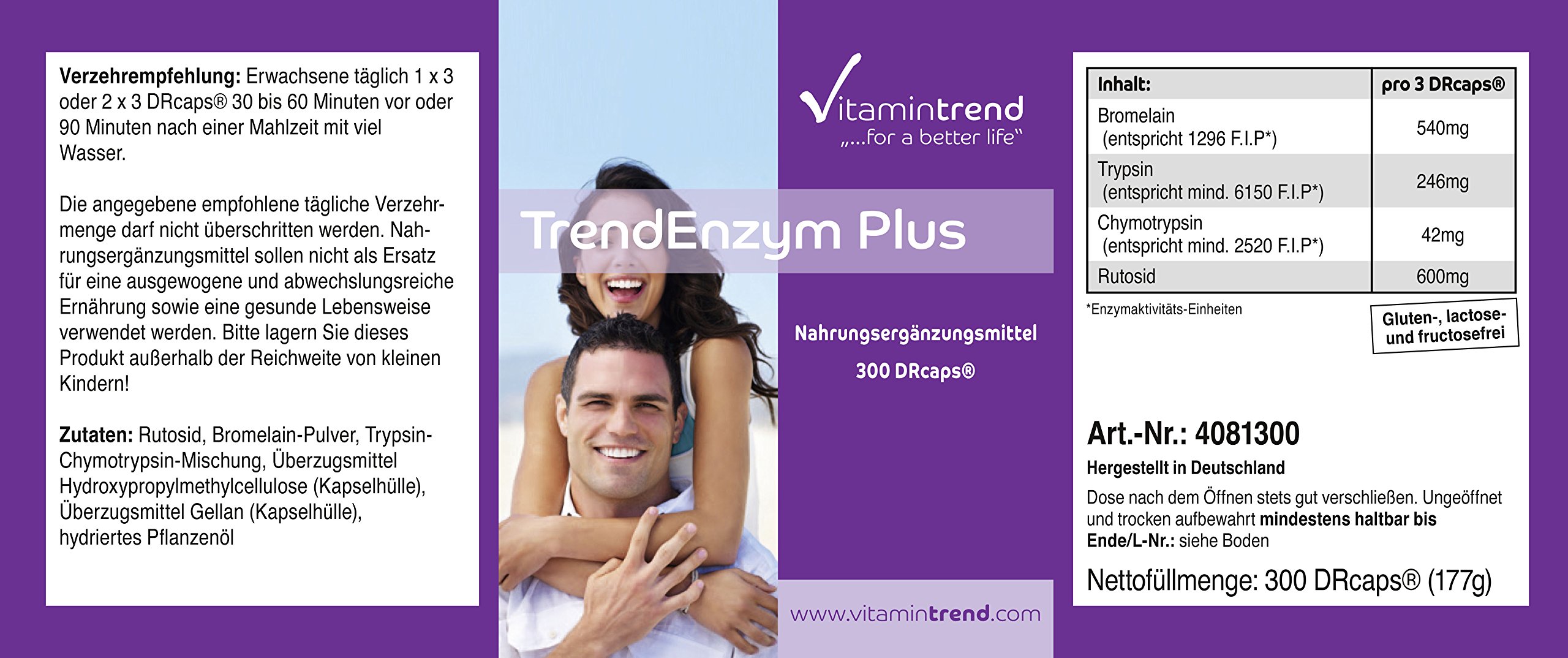 Vitamintrend Complexe enzymatique 300 gélules gastro-résistantes, avec bromélaïne, trypsine, chymotrypsine et rutoside, complément alimentaire végan sans additifs, fabriqué en Allemagne