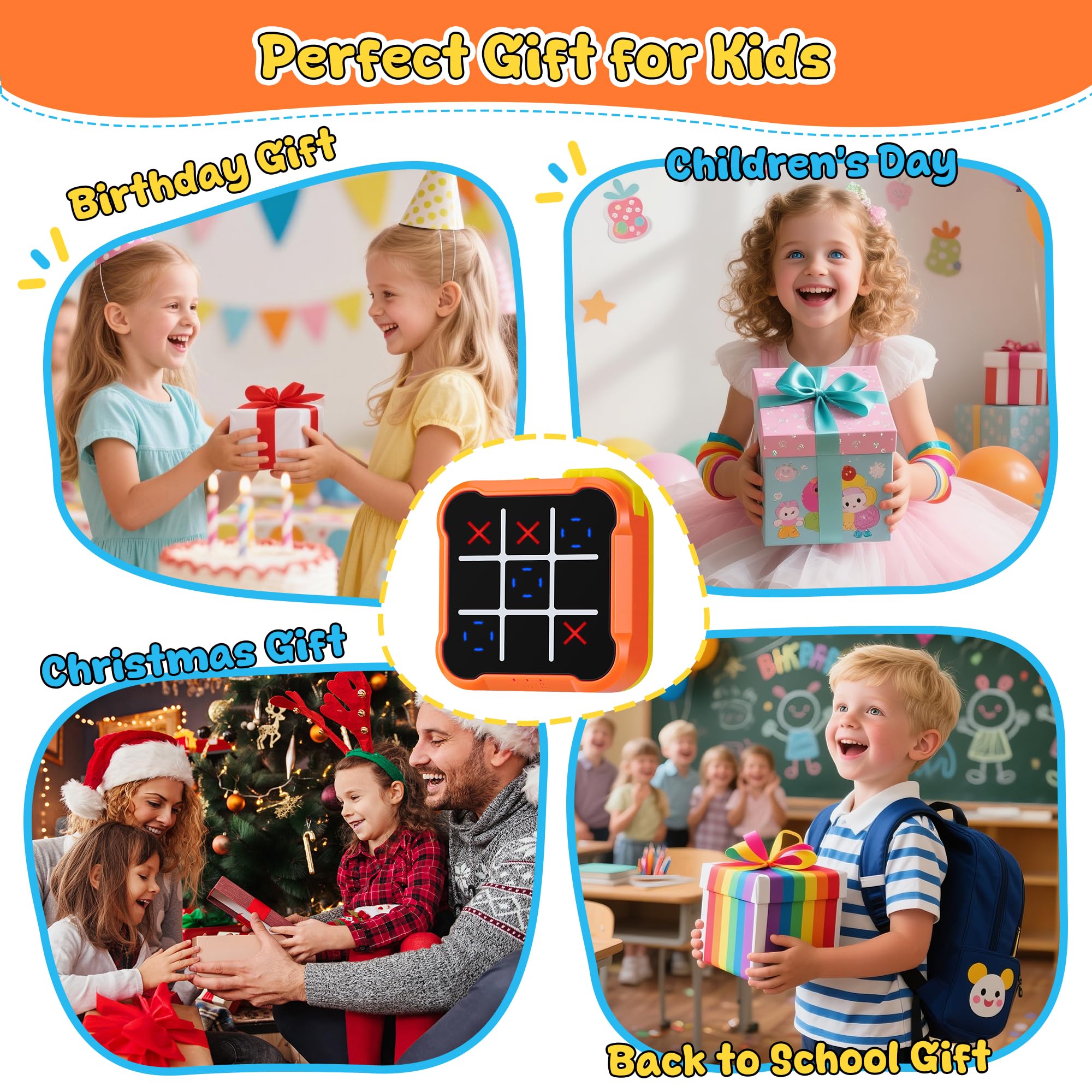 Elettronico Tic Tac Toe Bolt Gioco 4-in-1, Console Giochi Tris Elettronico Silenziosa, Giochi Portatili da Viaggio, Gioco di Reazione e Logica per Adulti, Ricaricabile (1-4 Giocatori), Arancione