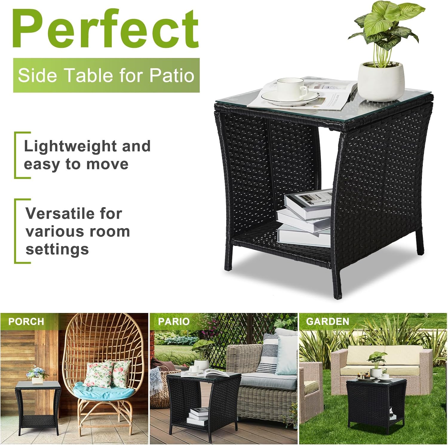 Outvita Outdoor Side Table, Rattan Coffee Table Small End Table with Glass Top Storage for Patio Porch Backyard Balcony