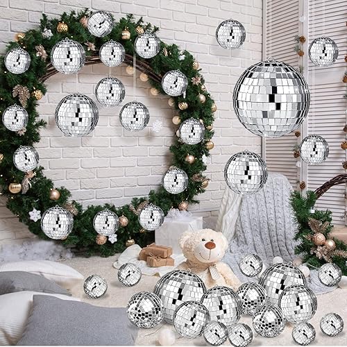 Miniatura 5 de Sumind 35 piezas de adornos de bolas de discoteca con espejo colgante, decoración de mini bola de discoteca plateada, bola de espejo reflectante,