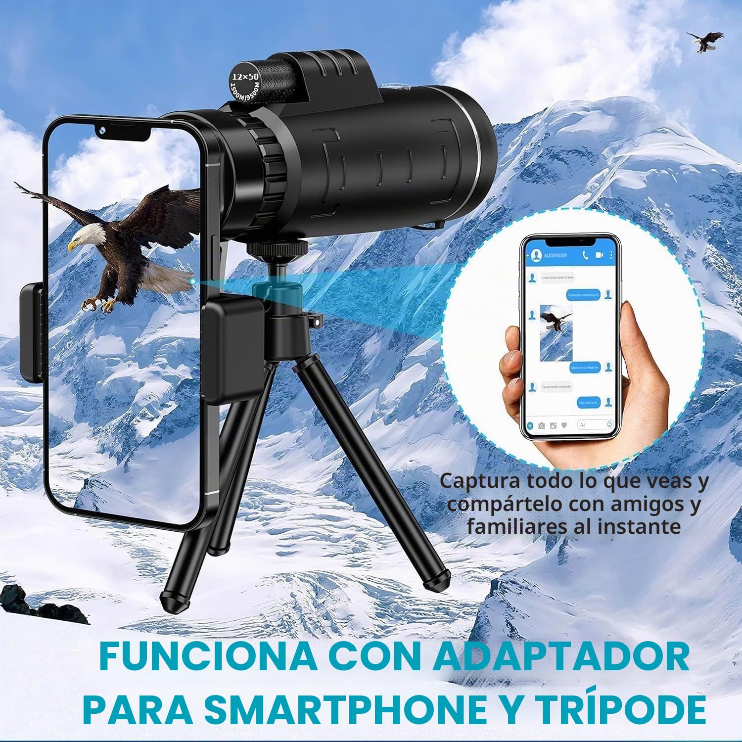 Telescopio Monocular, 12 x 50 HD Monocular para Movil, Monoculo Telescopico, Largo Alcance FMC BAK4 Prisma para observación Caza y Camping