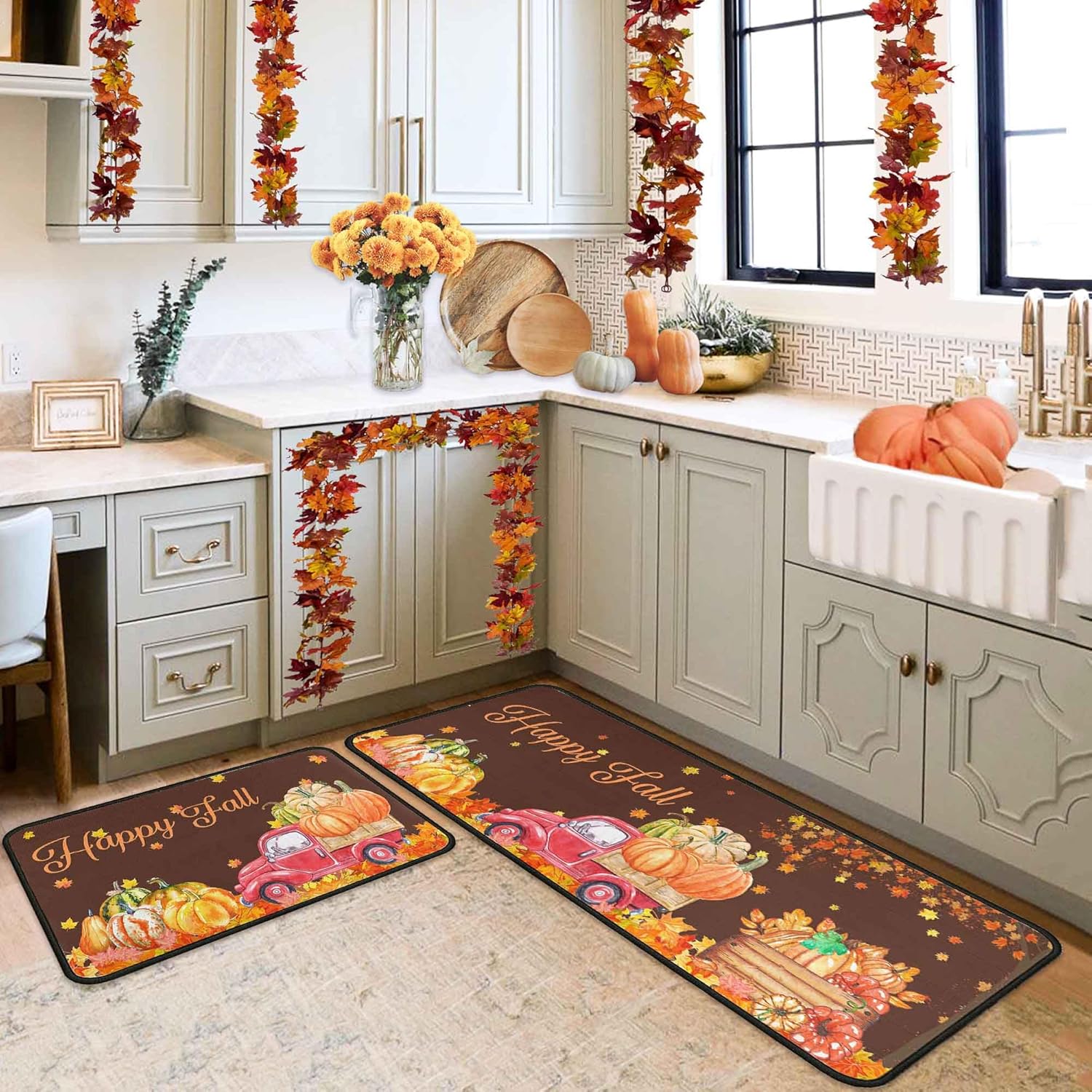 Red Truck Pumpkin Fall Kitchen Rugs Set of 2,Non Skid Washable, Home Seasonal Fall Holiday Party Autumn Harvest Thanksgiving Kitchen Mat 17"x47"+17"x30" 17"x47"+17"x30" Color-75