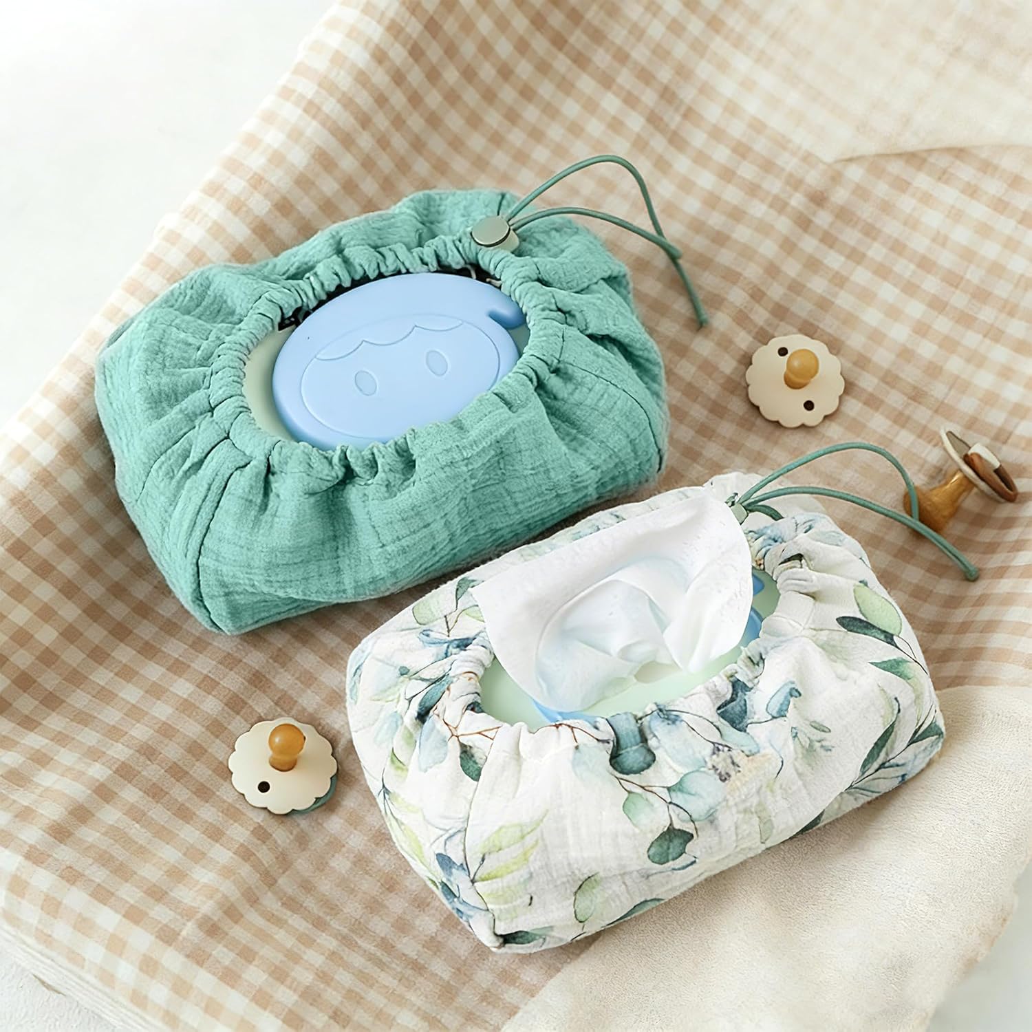 Baby Wipes Cover, One Size Fits All Wipes Packages, Muslin Cotton Tissue Cover for Diaper Bag, Nursery& Changing Table, Station, Universal Size (2 Pieces)