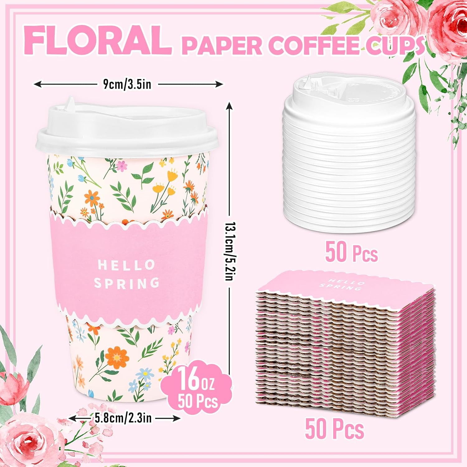 Whaline 50 Set Spring Floral Disposable Coffee Cups with Lids and Sleeves 16 Oz Colorful Hello Spring Themed Wildflower To Go Paper Drinking Cups for Wedding Birthday Baby Shower Party Supplies
