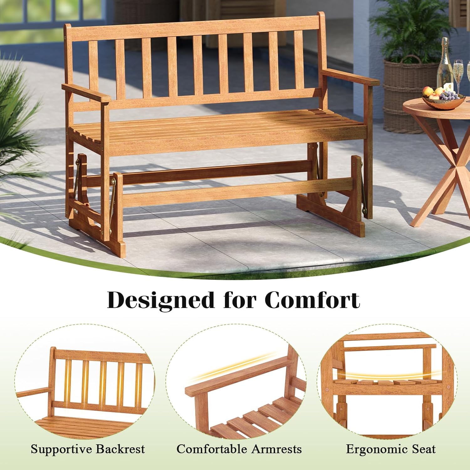 RELAX4LIFE 2-Person Outdoor Glider Bench - Acacia Wood Heavy Duty 800 LBS Double Swing Rocking Chair w/Slatted Seat, Backrest & Armrests, Loveseat Rocker for Porch Garden, 2-Seater Wooden Patio Glider