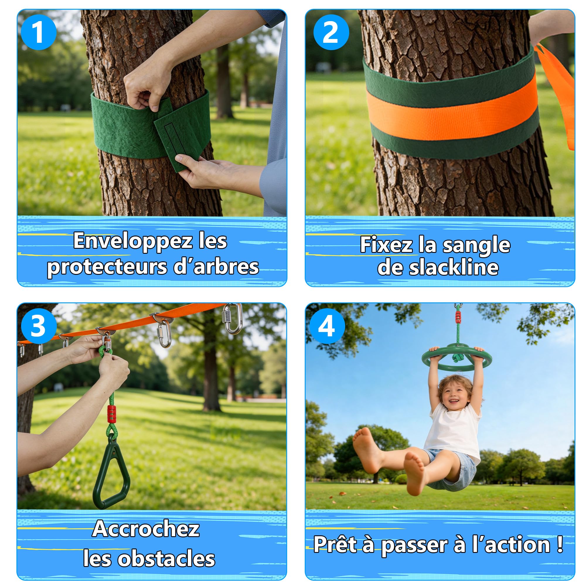 Slackline Kit pour Enfants, 15M Ninja Parcours d'obstacles pour Filles et Garçons, Comprend Échelles, Nœuds de Corde, Roues de Ninja, Anneaux de Suspension, Échelles d'escalade, etc