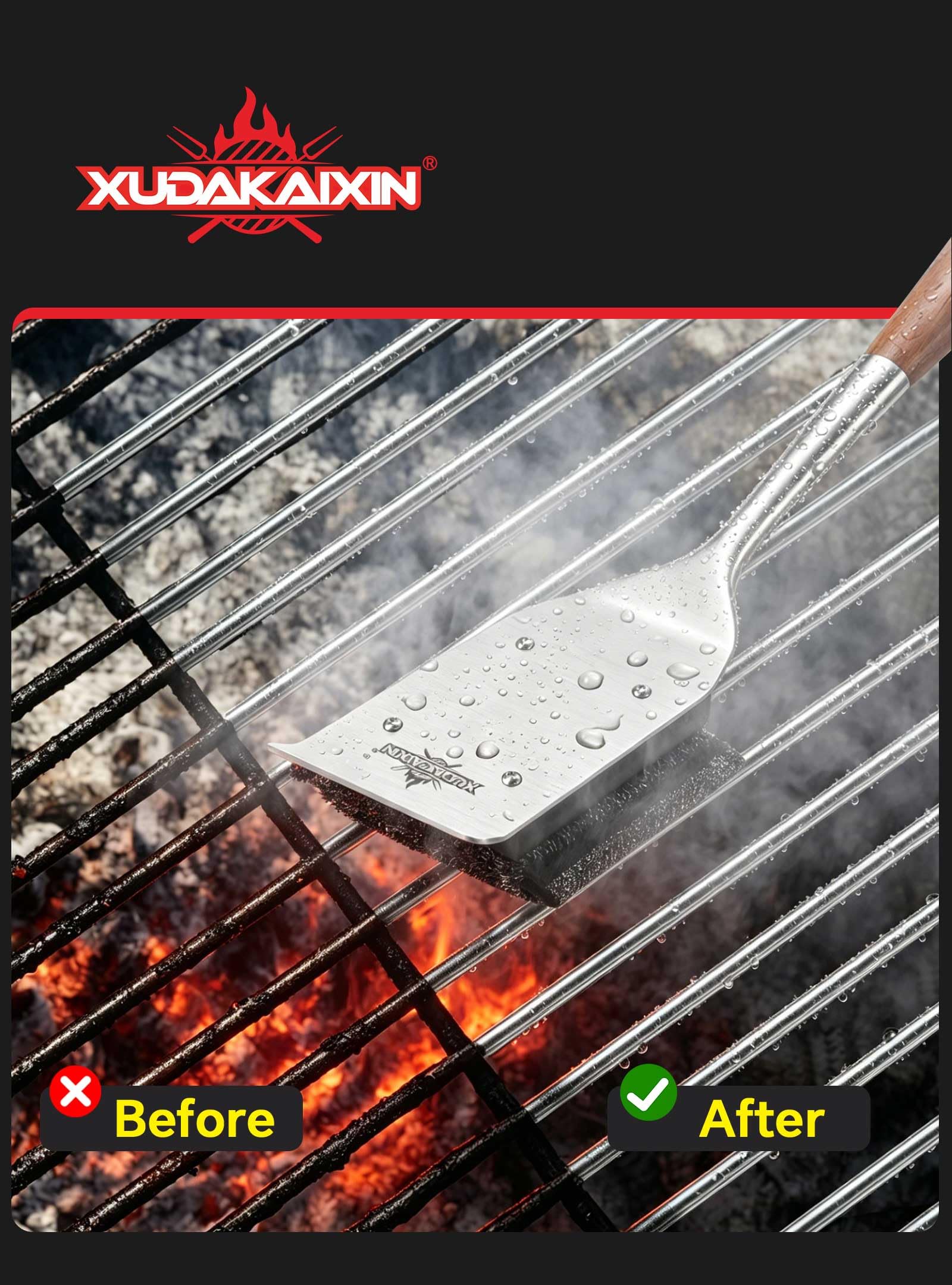 XUDAKAIXIN Cepillo de Parrilla sin cerdas, Almohadilla única de Fibras de Acero [Seguro y eficiente], Rejillas de Hierro Fundido/Acero Inoxidable, con 1 Cabezal de Limpieza reemplazable,