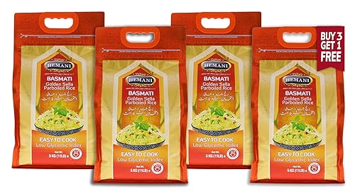 HEMANI Basmati Golden Sella Arroz Parboiled 11LB Gran ahorro 1 libra gratis Fácil de cocinar Bajo índice glucémico (paquete de 4)