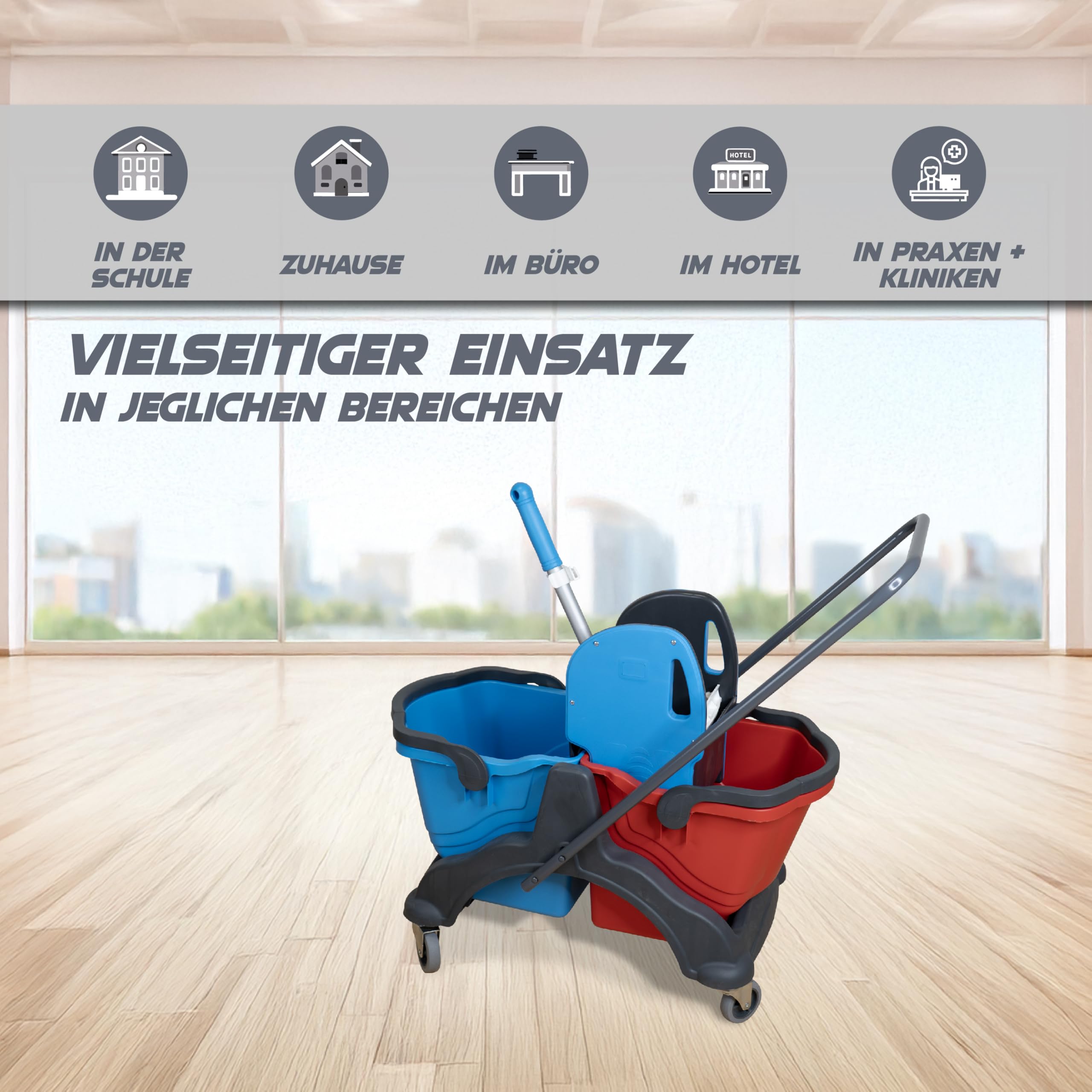 Putzwagen mit Wischmopp Presse Doppelfahreimer 2x 18L rot/blau für Gebäudereinigung